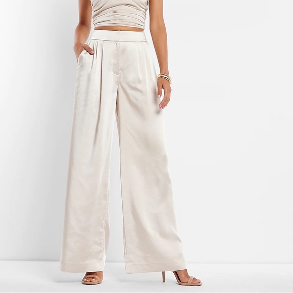 Express Pants - Super High Waisted Satin Pleated Wide Leg Pant